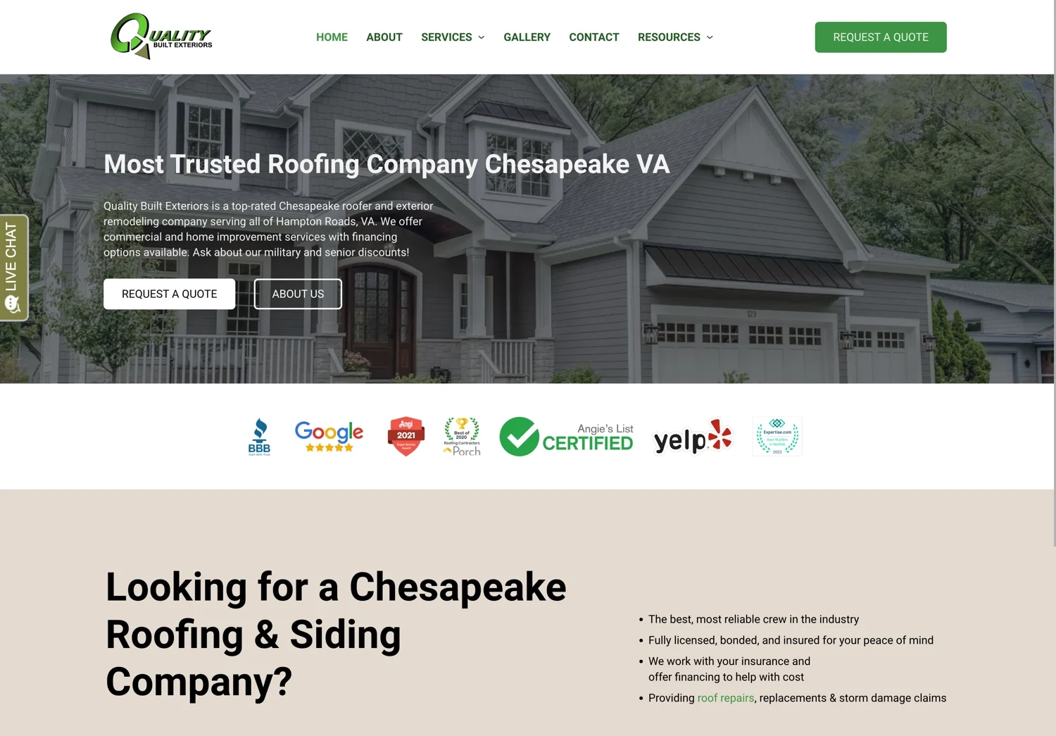 Quality Built Exteriors website home page screenshot